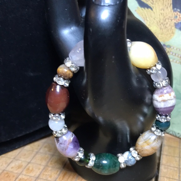Semiprecious Crystal Mixed Stone Bracelet 7”L Elastic Rhinestone Ring Bead Acct. - Picture 1 of 10